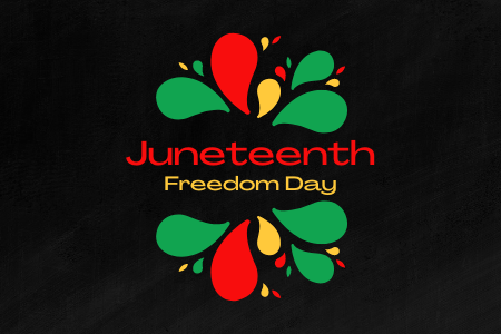 [ai] A decorative graphic featuring the text 'Juneteenth Freedom Day' in red and yellow, surrounded by colorful swirls in green and red, set against a black background.